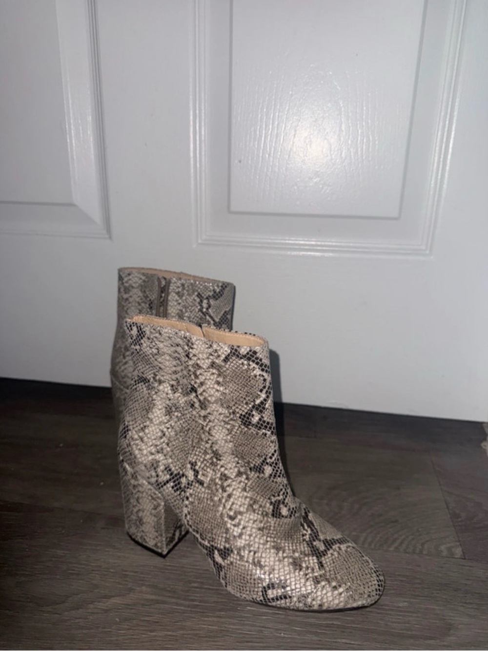 Vince Camuto Snakeskin Print Ankle Boots Booties - Cream Gray Black Block Heel